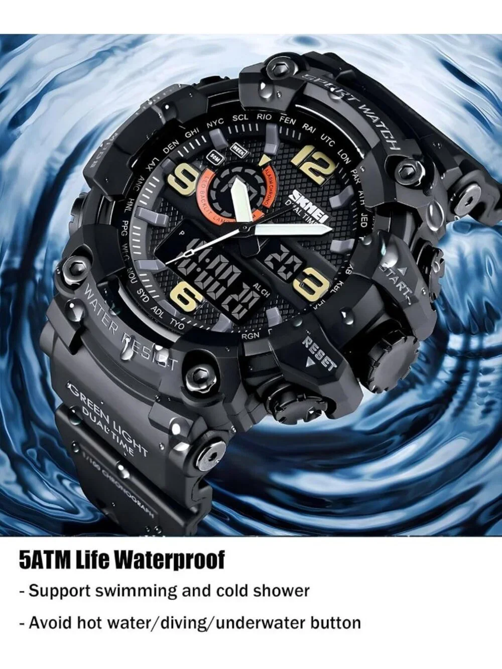Mens All Black Analog Quartz S-Shock Waterproof Outdoor Sport LED Digital Watch